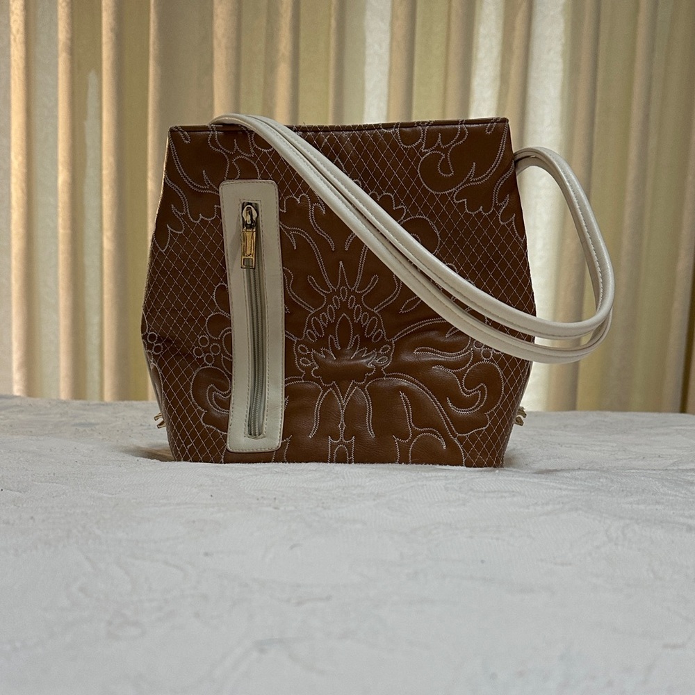 Chic Brown and Cream Floral Shoulder Bag